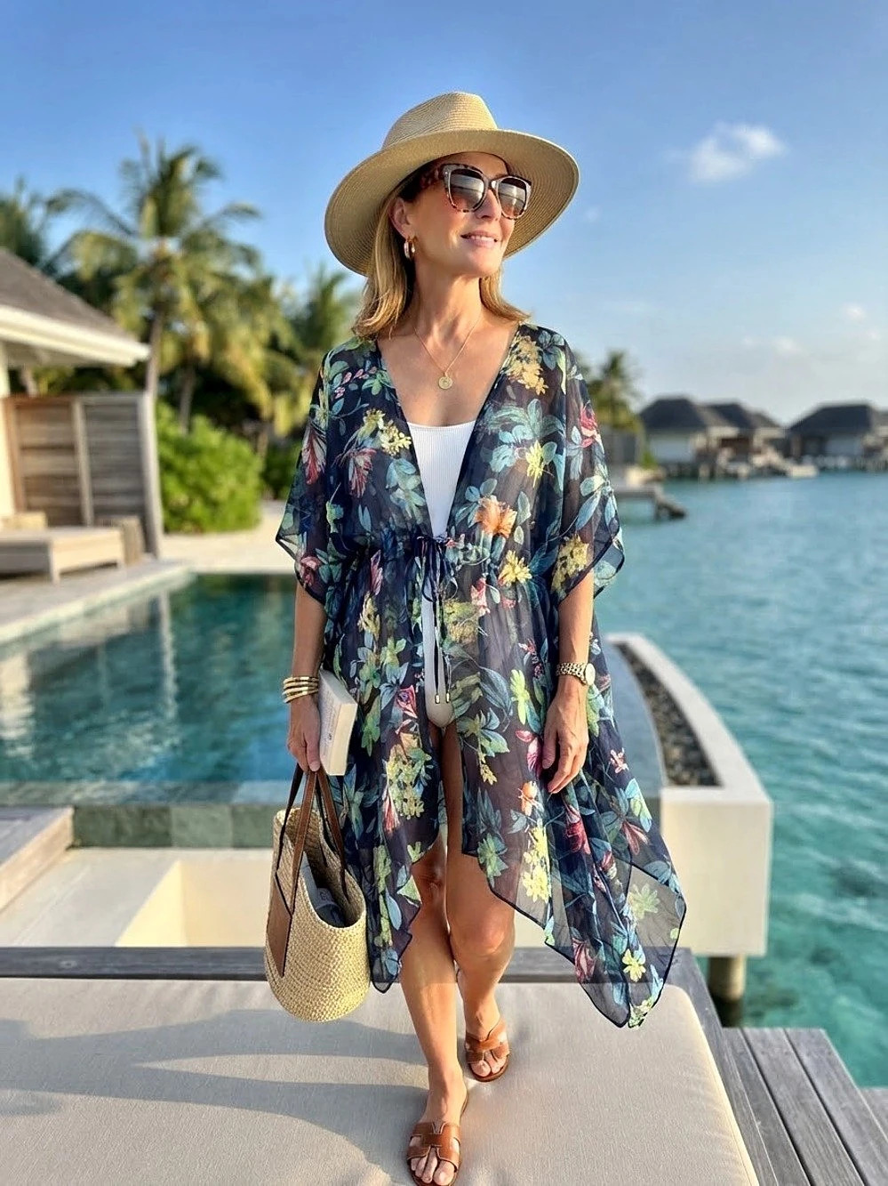 Sunflower Floral Print Drawstring Waist Tropical Kaftan Swim Cover-Up Blue